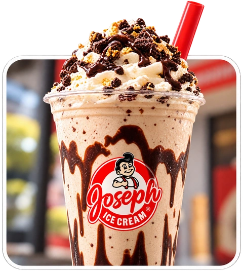 Milk-shake cremoso Joseph Ice Cream com calda de chocolate e chantilly