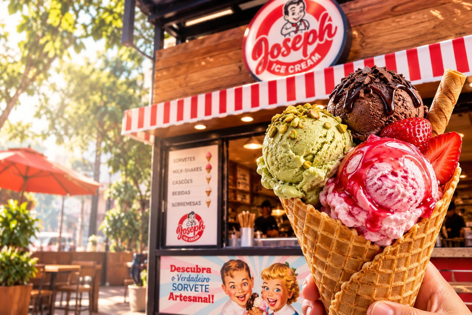 Ambiente Joseph Ice Cream com casquinha de sorvete artesanal